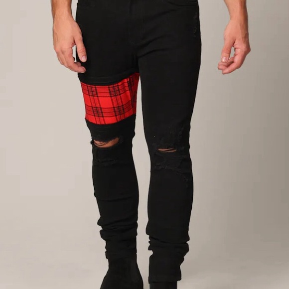 Saint Morta Sideline Distressed Skinny Jeans Men’s 34 Black/ Red Tartan - Picture 5 of 15